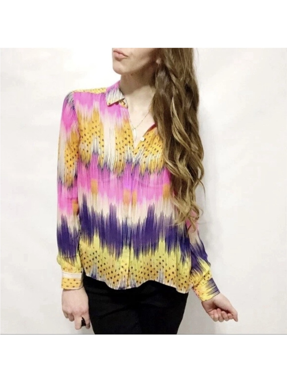 Anthropologie Leifsdottir Sani Neon 100% Silk Stripe Sz 4 Button Up Top Blouse